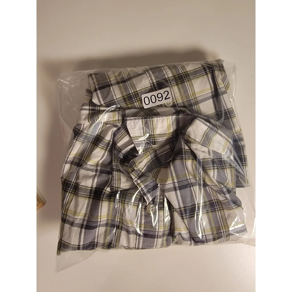 Banana Republic Grant Fit Custom 078 Wash Plaid Shirt Mens M White Grey Yellow